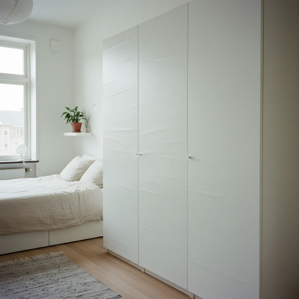 Repeindre une armoire en pin avec un adhésif blanc mat