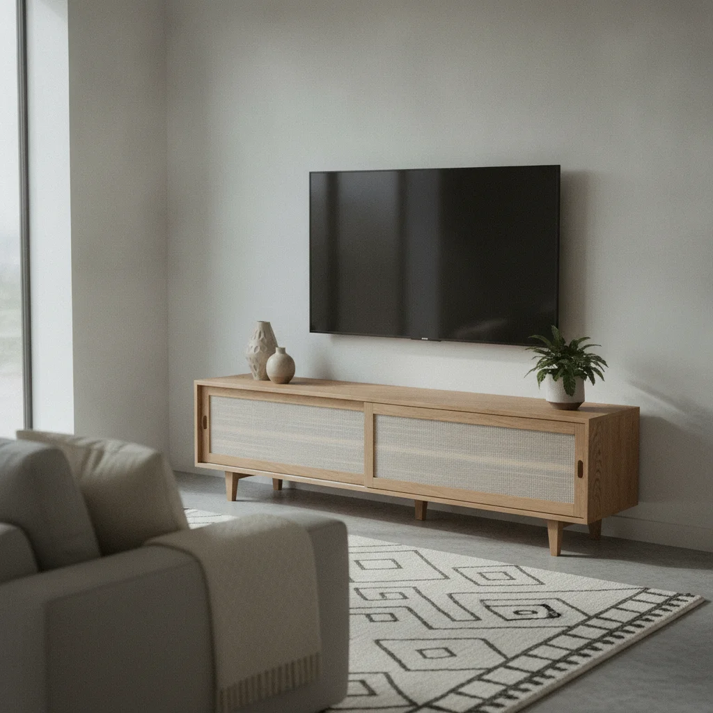 Customiser un banc TV bas avec un adhésif chêne fumé