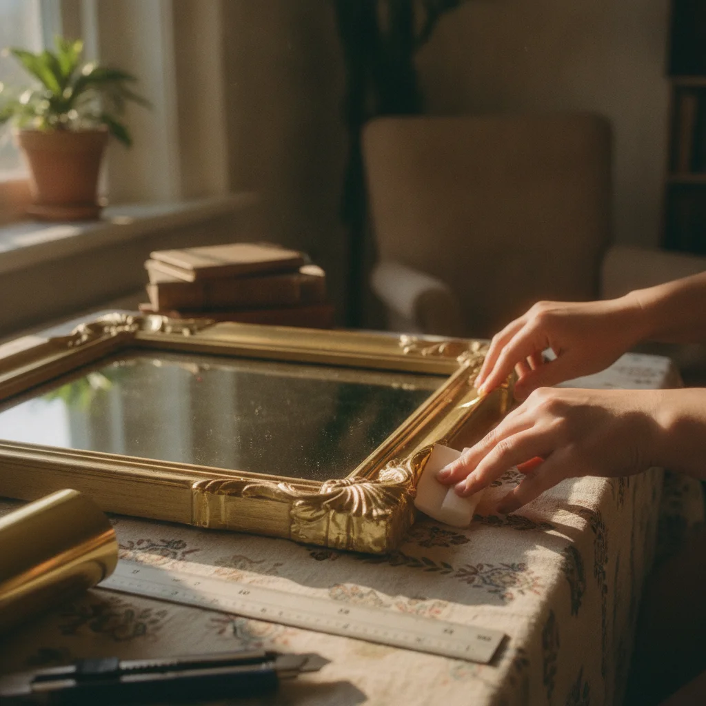 Customiser un cadre de miroir avec un adhésif effet laiton