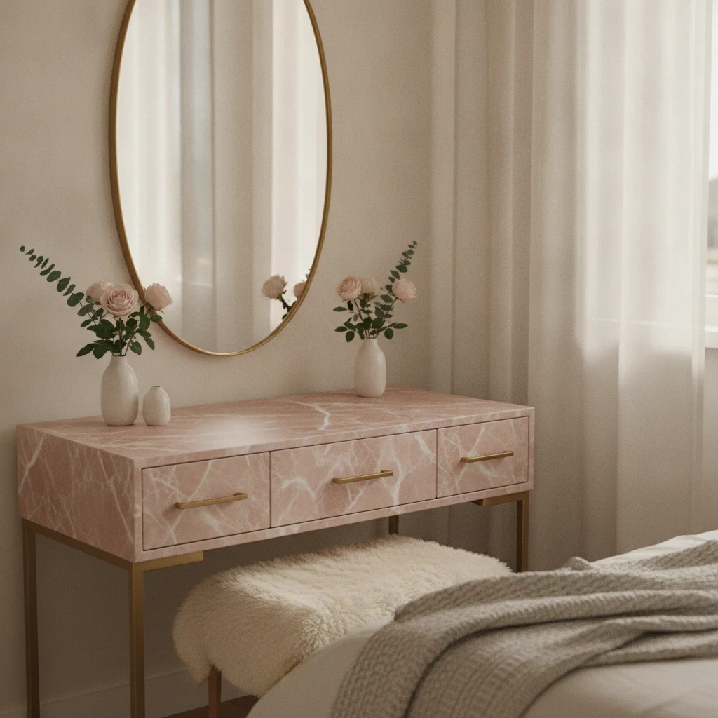 Habiller une coiffeuse avec un adhésif effet marbre rose