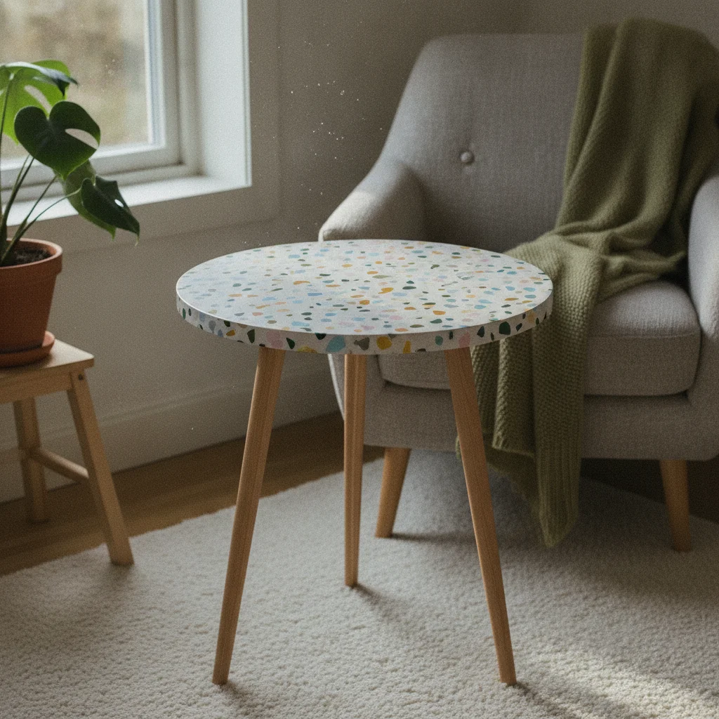 Customiser un guéridon avec un adhésif effet terrazzo