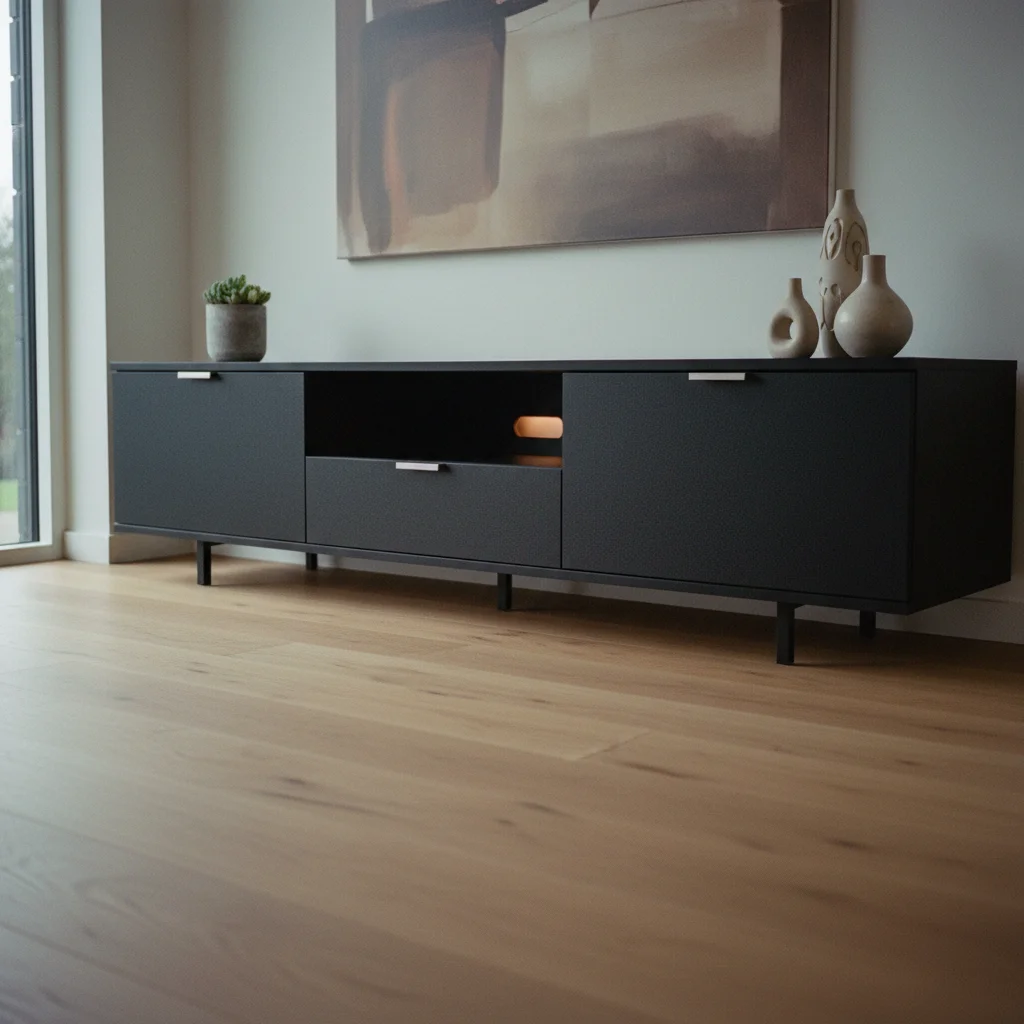 Habiller un meuble TV avec un adhésif noir mat texturé